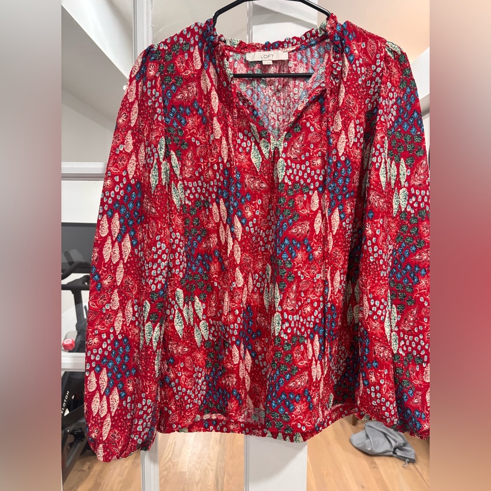 LOFT Vibrant Red and Blue Leaf Print Blouse